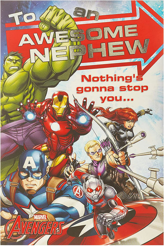 Marvel Awesome Nephew birthday greeting card by UK Greetings featuring colorful superhero-themed design.