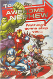 Marvel Awesome Nephew birthday greeting card by UK Greetings featuring colorful superhero-themed design.