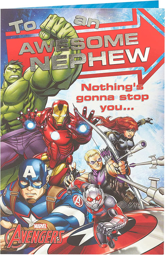 Marvel Awesome Nephew birthday greeting card featuring colorful Marvel superhero design from UK Greetings.