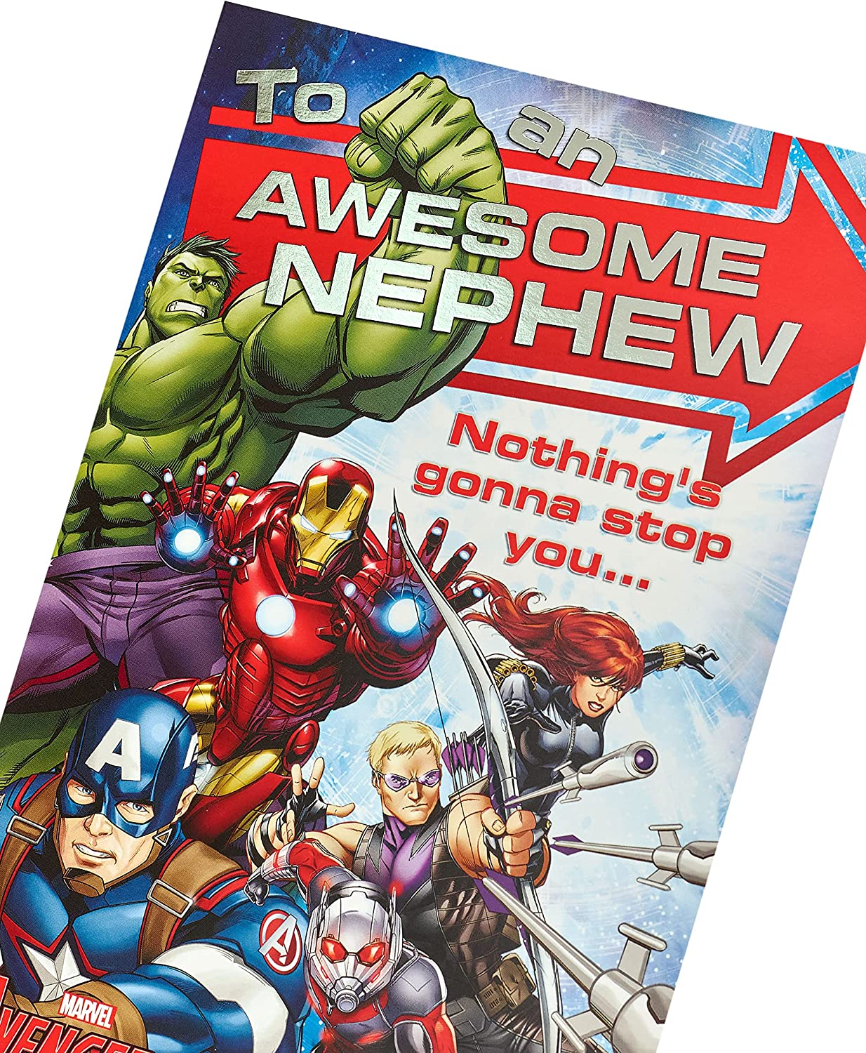 Colorful Marvel Awesome Nephew birthday greeting card by UK Greetings featuring comic-style superhero design.