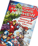 Colorful Marvel Awesome Nephew birthday greeting card by UK Greetings featuring comic-style superhero design.