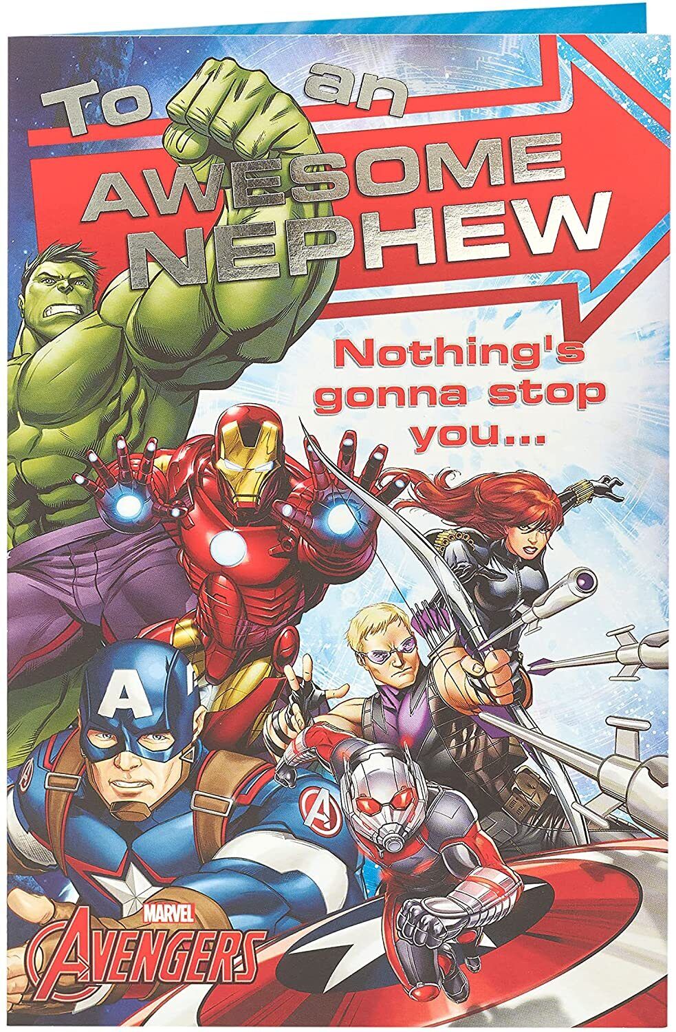 Marvel Awesome Nephew birthday greeting card from UK Greetings featuring colorful superhero-themed design.