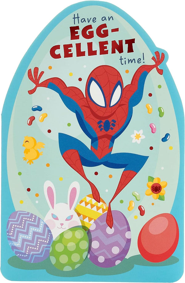 Spider-Man-themed Marvel Easter greeting card for him or boy with envelope, featuring colorful comic-style design.