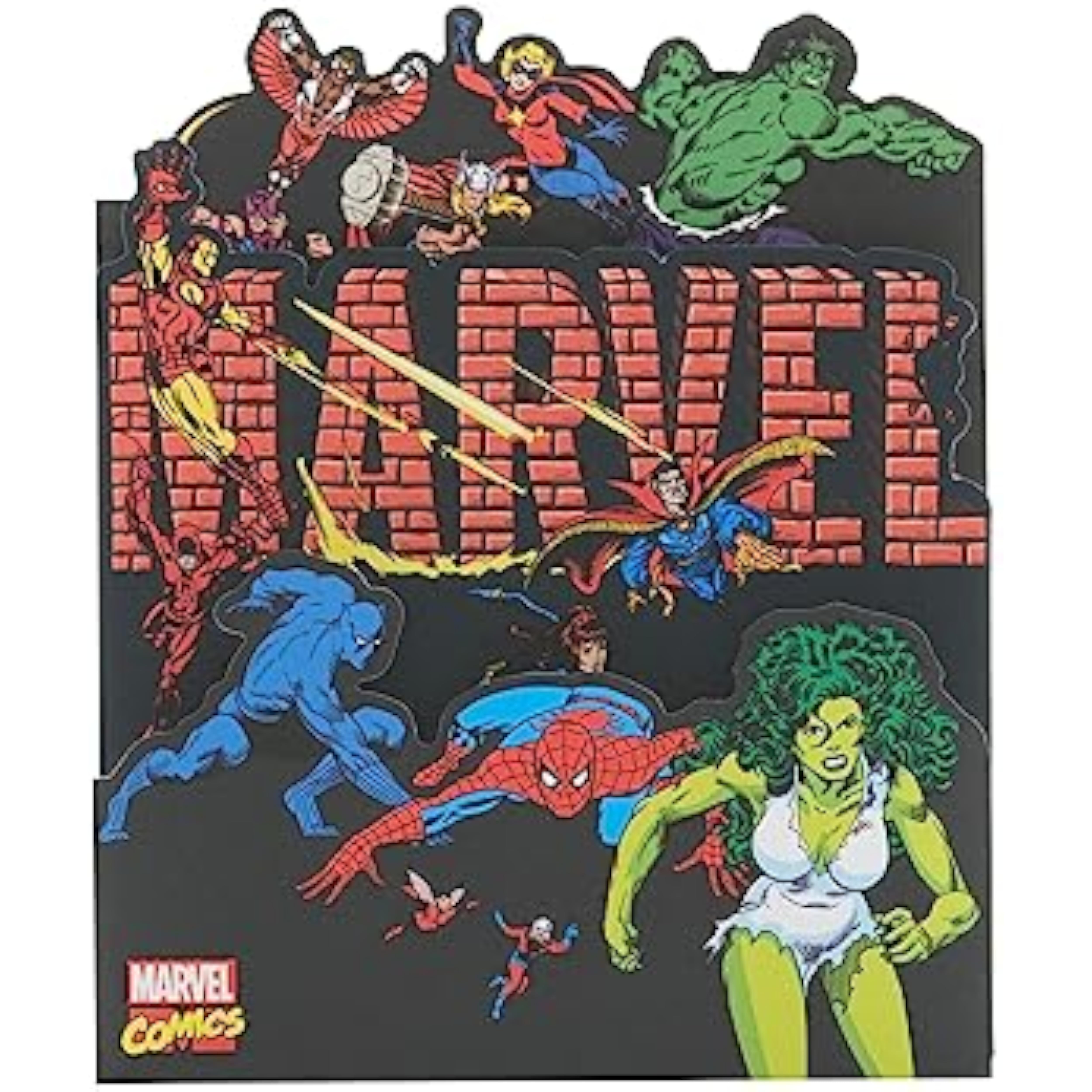 Marvel retro pop-up birthday greeting card featuring Iron Man, She-Hulk, and Spider-Man characters from UK Greetings.