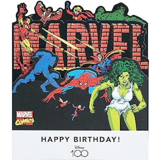 Marvel retro pop-up greeting card featuring Iron Man, She-Hulk, and Spider-Man characters in a colorful birthday design.