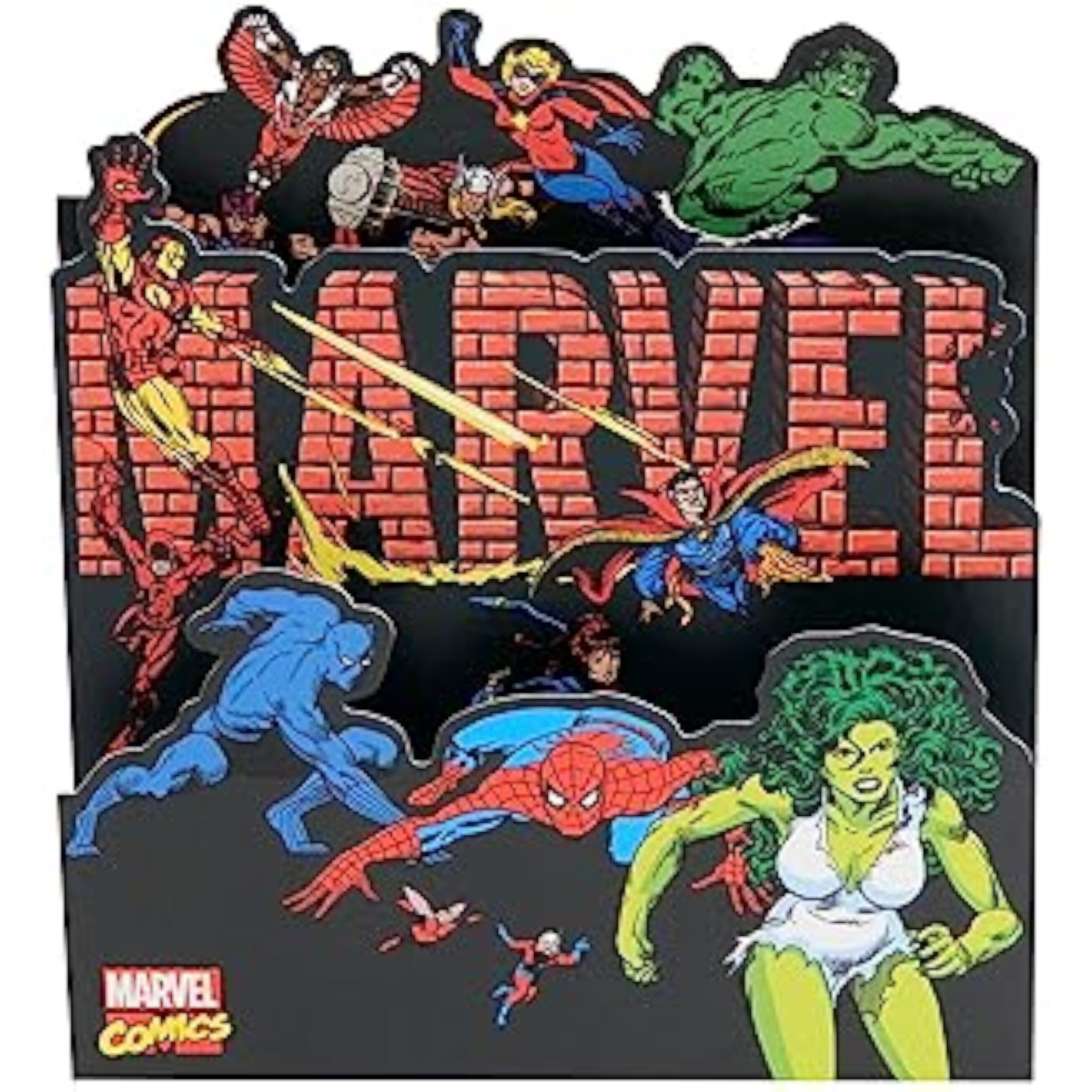 Marvel Retro Pop-Up Birthday Card featuring Iron Man, She-Hulk, and Spider-Man with colorful superhero designs.