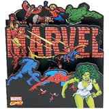 Marvel Retro Pop-Up Birthday Card featuring Iron Man, She-Hulk, and Spider-Man with colorful superhero designs.