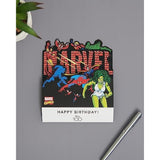 Marvel Retro Pop-Up Birthday Card featuring Iron Man, She-Hulk, and Spider-Man with vibrant superhero illustrations.