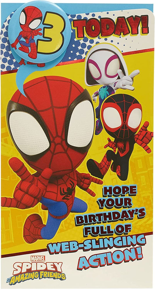 Marvel Spider-Man 3rd birthday greeting card with badge, featuring Spider-Man design for kids' birthday celebration.