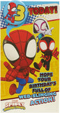 Marvel Spider-Man 3rd birthday greeting card with badge, featuring Spider-Man design for kids' birthday celebration.