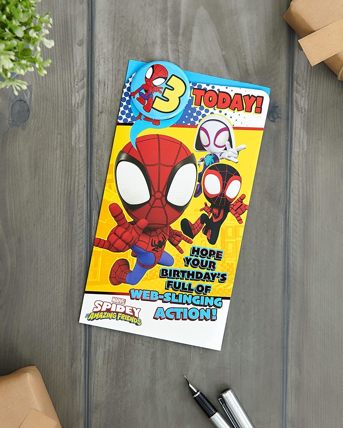 Marvel Spider-Man 3rd birthday greeting card with badge, featuring Spider-Man design and festive birthday elements.