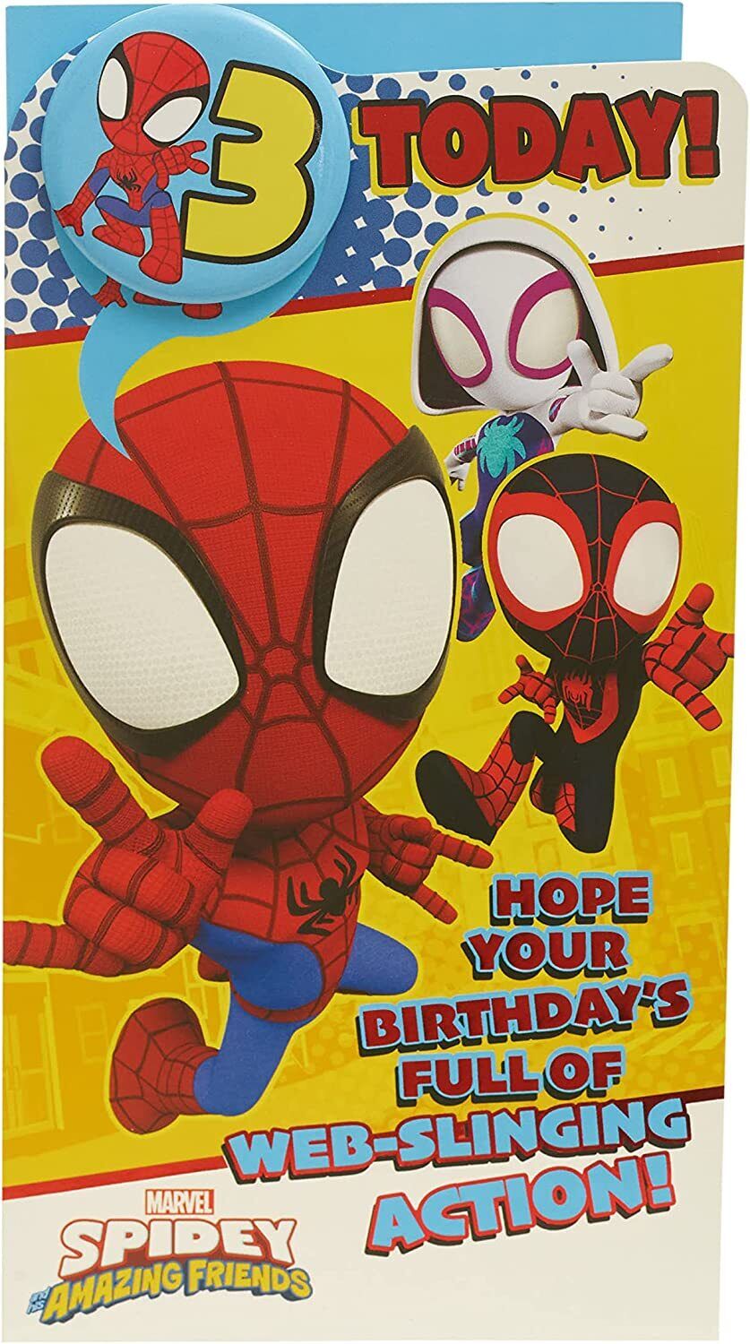 Marvel Spider-Man 3rd birthday greeting card with badge, featuring Spider-Man artwork for a child's celebration.