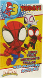 Marvel Spider-Man 3rd birthday greeting card with badge, featuring Spider-Man artwork for a child's celebration.