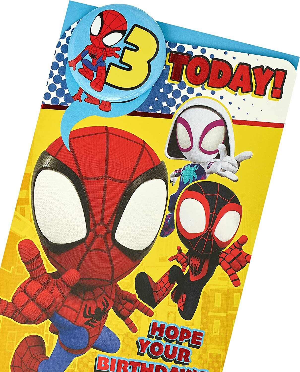 Marvel Spider-Man birthday greeting card with badge for 3rd birthday, featuring Spider-Man character and festive design.