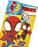 Marvel Spider-Man birthday greeting card with badge for 3rd birthday, featuring Spider-Man character and festive design.