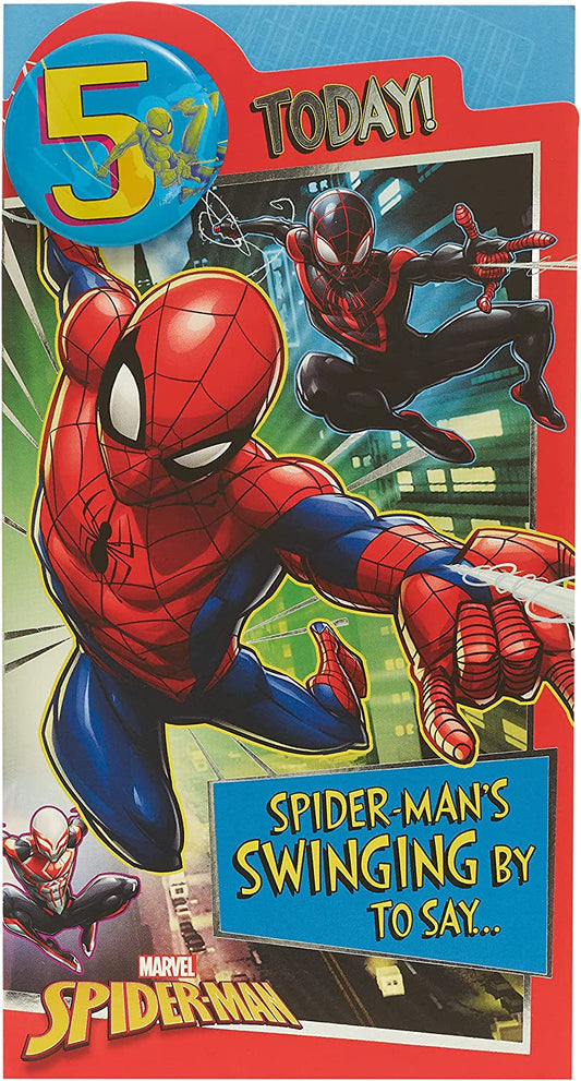 Marvel Spider-Man 5th birthday greeting card with badge, featuring Spider-Man design for kids' birthday celebrations.