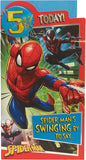 Marvel Spider-Man 5th birthday greeting card with badge from UK Greetings, featuring Spider-Man graphic and colorful design.