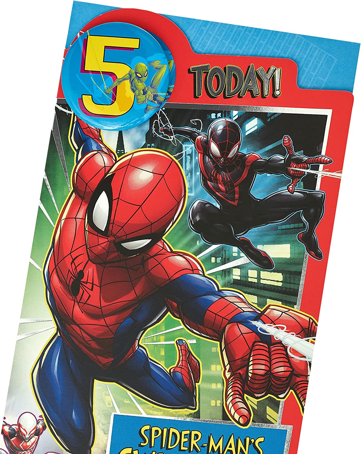Marvel Spider-Man 5th birthday greeting card with badge, featuring Spider-Man design on the front, suitable for kids' celebrations.