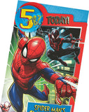 Marvel Spider-Man 5th birthday greeting card with badge, featuring Spider-Man design on the front, suitable for kids' celebrations.