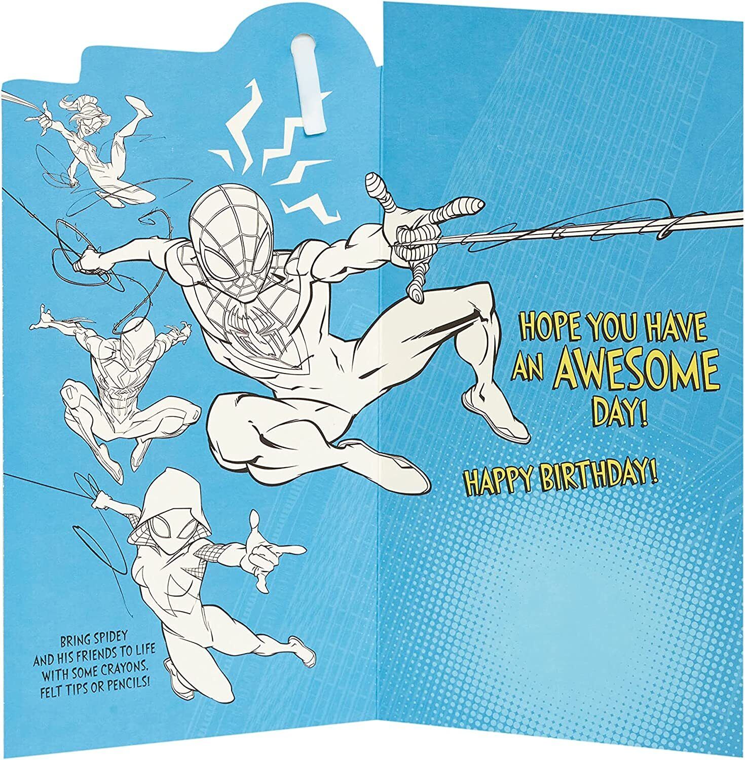 Marvel Spider-Man 5th birthday greeting card with badge, featuring Spider-Man design and celebratory graphics.