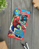 Marvel Spider-Man 5th birthday greeting card with badge from UK Greetings featuring Spider-Man in action.
