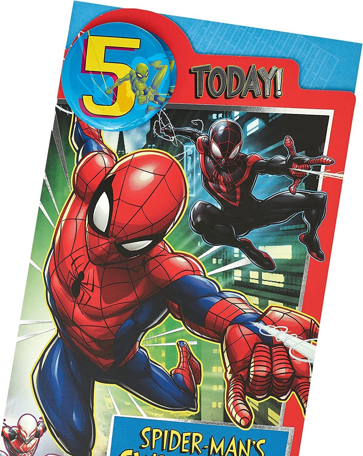 Marvel Spider-Man 5th birthday greeting card with badge from UK Greetings featuring Spider-Man superhero design and colorful birthday theme.