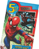 Marvel Spider-Man 5th birthday greeting card with badge from UK Greetings featuring Spider-Man superhero design and colorful birthday theme.