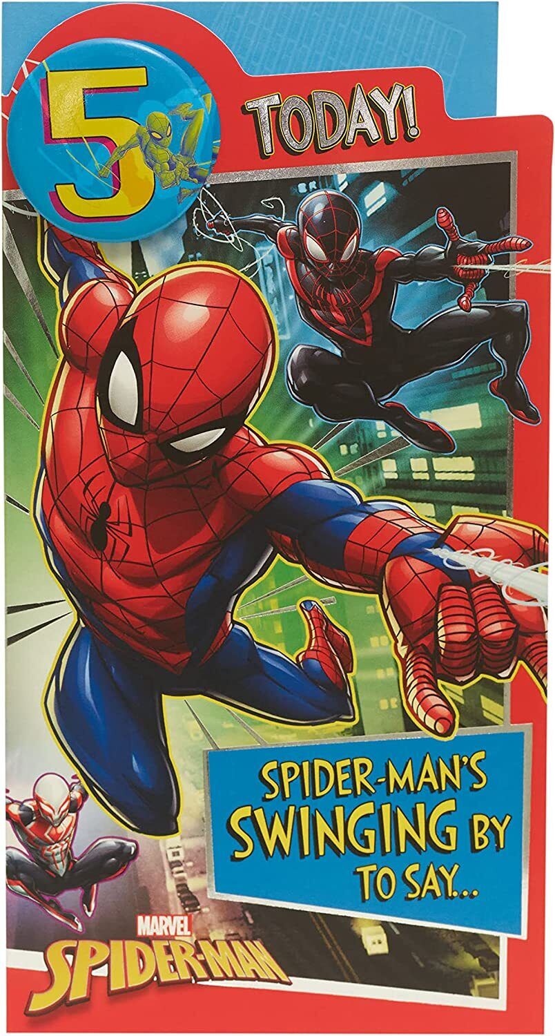 Marvel Spider Man 5th birthday greeting card with badge from UK Greetings, featuring Spider Man superhero design and colorful decorations.