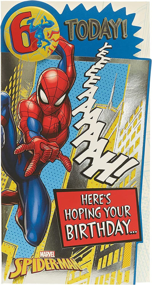 Marvel Spider-Man 6th birthday greeting card with badge from UK Greetings, featuring Spider-Man in a dynamic pose with colorful design.