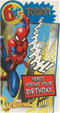 Marvel Spider-Man 6th birthday greeting card with badge from UK Greetings, featuring Spider-Man in a dynamic pose with colorful design.