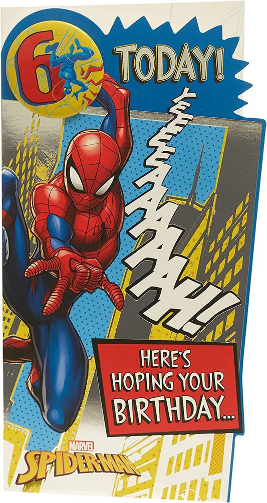 Marvel Spider-Man 6th birthday greeting card with badge from UK Greetings, featuring Spider-Man superhero design and vibrant colors.