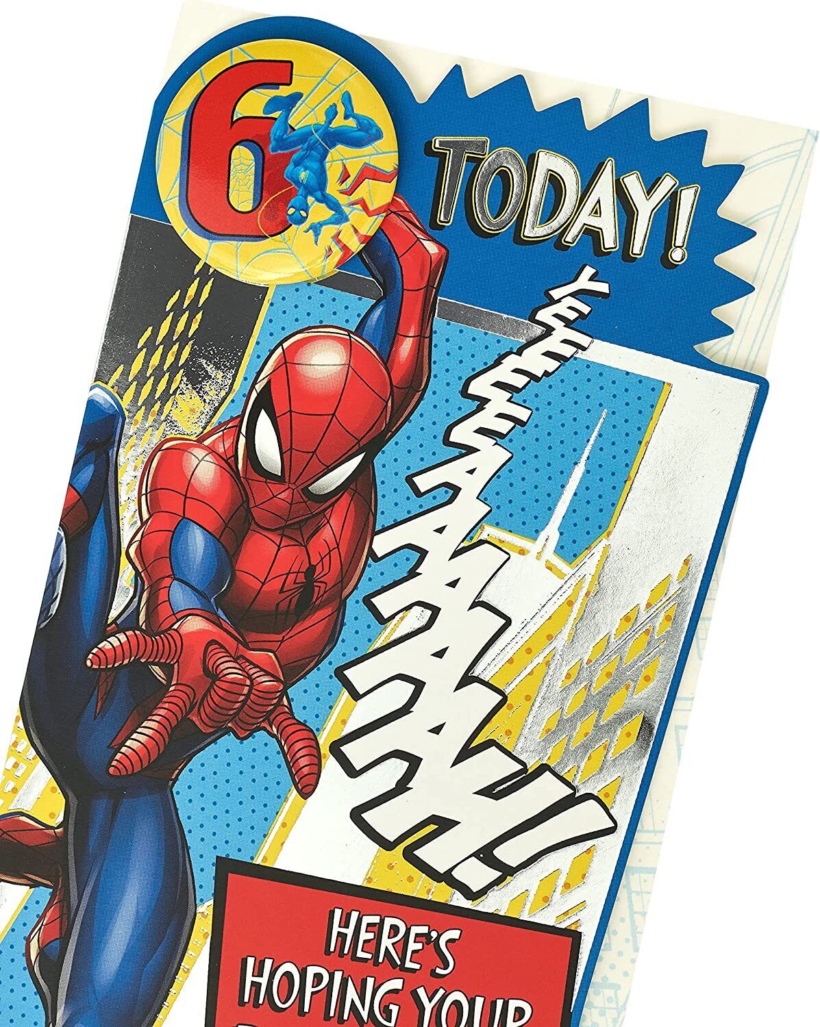 Marvel Spider-Man 6th birthday greeting card with badge, featuring Spider-Man illustration and festive birthday design.
