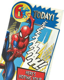 Marvel Spider-Man 6th birthday greeting card with badge, featuring Spider-Man illustration and festive birthday design.