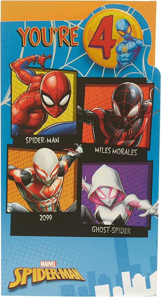 Marvel Spider-Man birthday greeting card with badge from UK Greetings, featuring Spider-Man illustration and colorful birthday design.