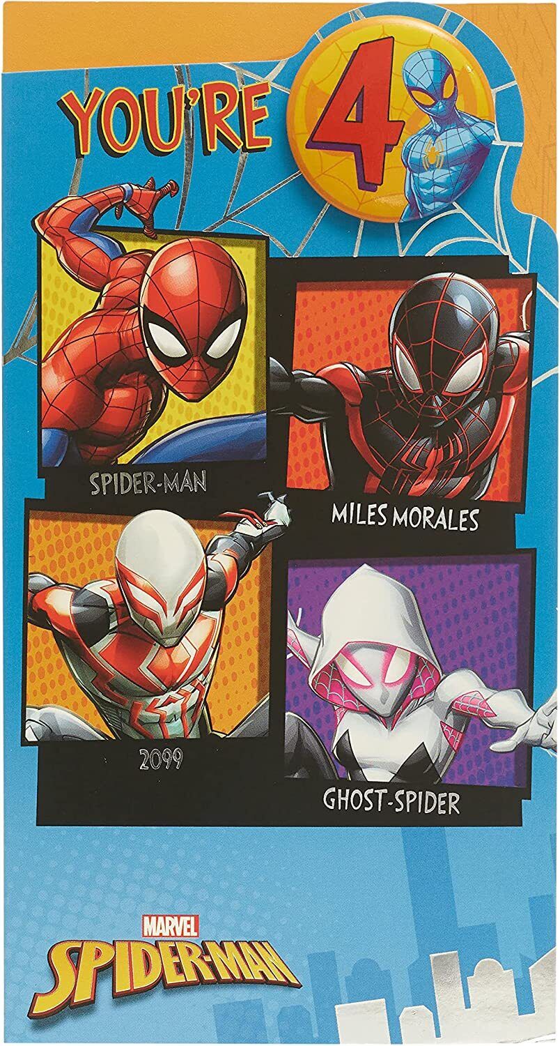Marvel Spider-Man birthday greeting card with badge, featuring Spider-Man in action on colorful comic-themed design.