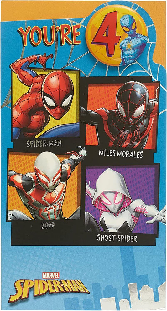 Marvel Spider-Man birthday greeting card with badge, featuring Spider-Man in action on colorful comic-themed design.