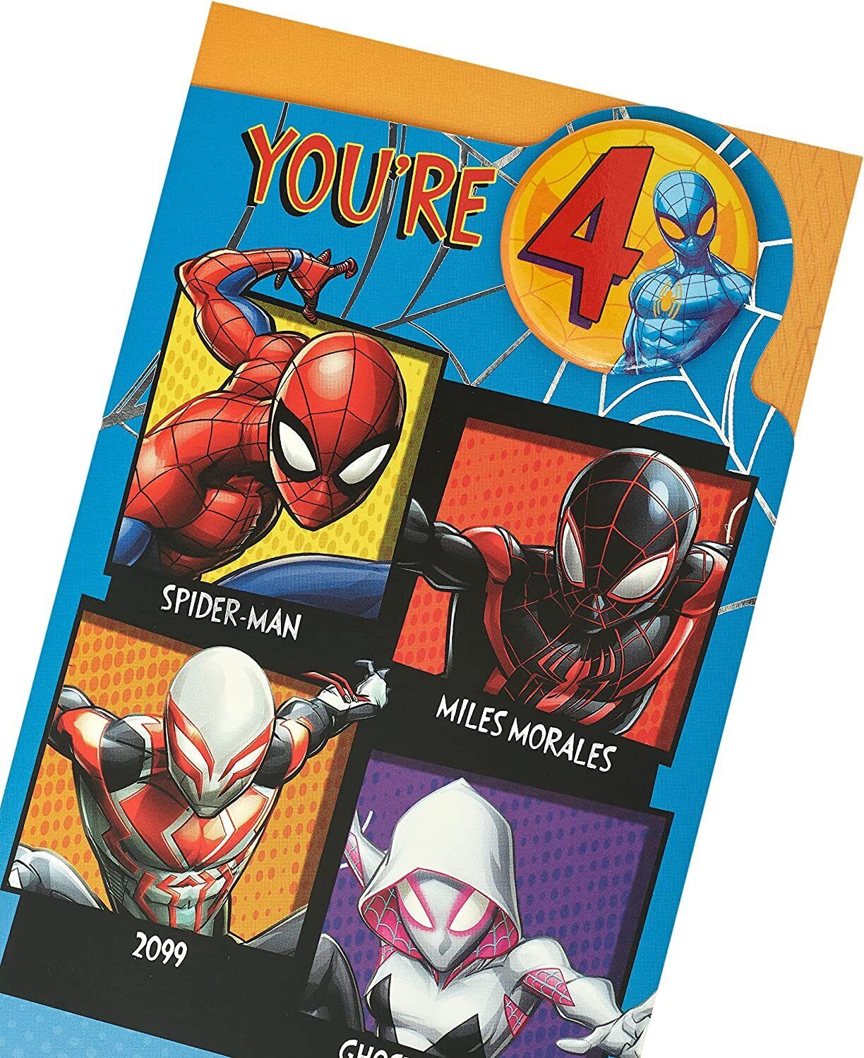 Marvel Spider-Man birthday greeting card with badge from UK Greetings, featuring Spider-Man in a dynamic pose with colorful background.