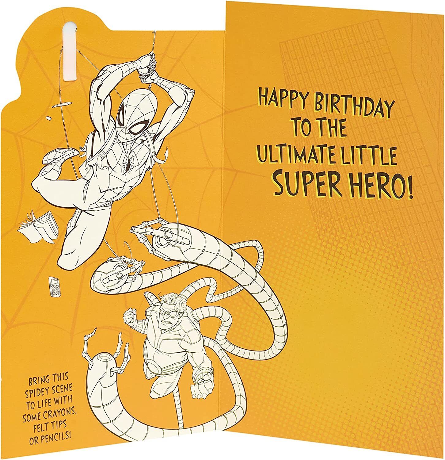 Marvel Spider-Man birthday greeting card with badge, featuring Spider-Man in action on the front, ideal for fans and celebrations.