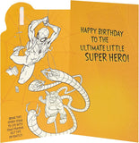 Marvel Spider-Man birthday greeting card with badge, featuring Spider-Man in action on the front, ideal for fans and celebrations.
