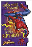 Marvel Spider-Man birthday greeting card with "My Spider Sense is Tingling" message, featuring Spider-Man in a dynamic pose.