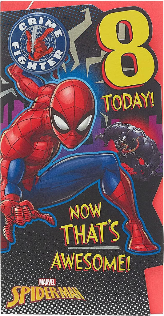 Marvel Spiderman 8th birthday greeting card by UK Greetings featuring Spiderman in a dynamic pose with colorful comic-style design.