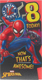 Marvel Spiderman 8th birthday greeting card by UK Greetings featuring Spiderman in a dynamic pose with colorful comic-style design.