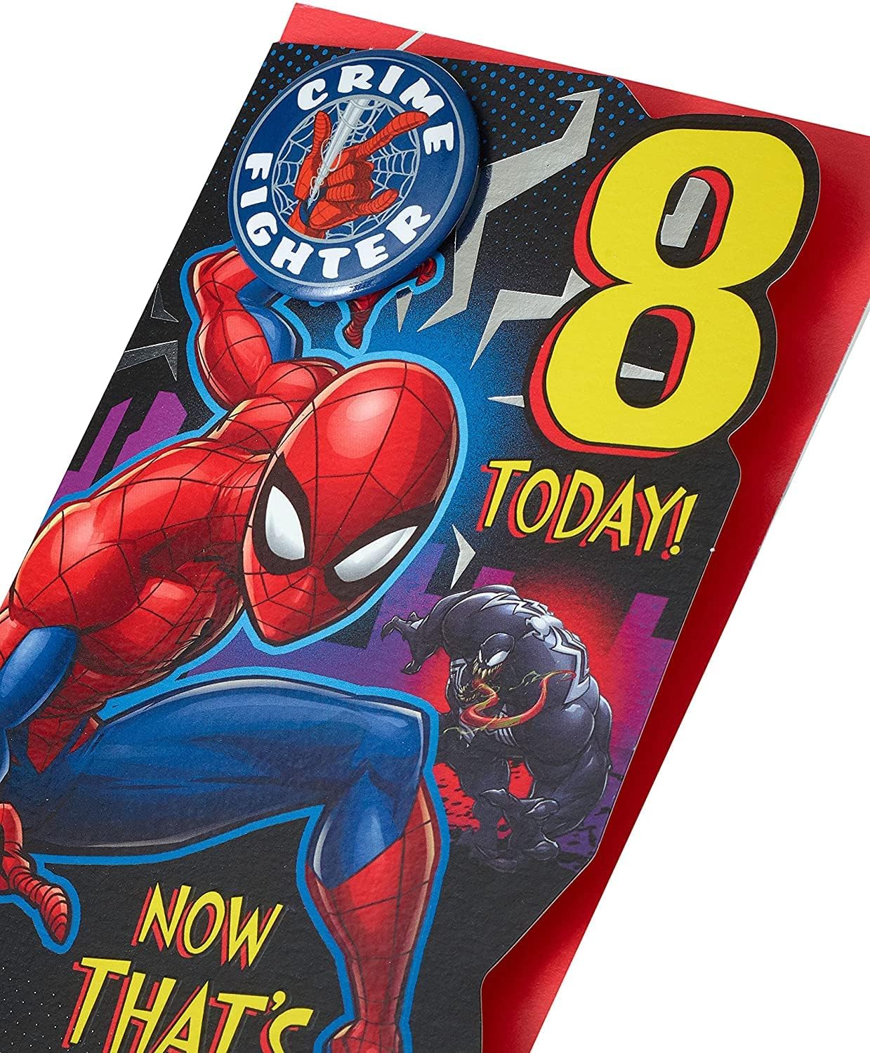 Marvel Spiderman 8th birthday greeting card by UK Greetings featuring Spiderman superhero illustration on the front.