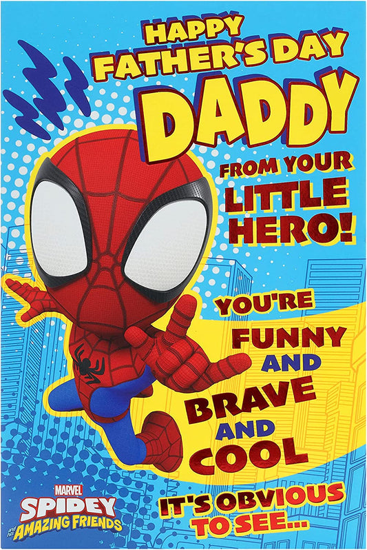 Marvel Spiderman Father's Day greeting card from son, UK Greetings, featuring Spider-Man design for dads on special occasions.