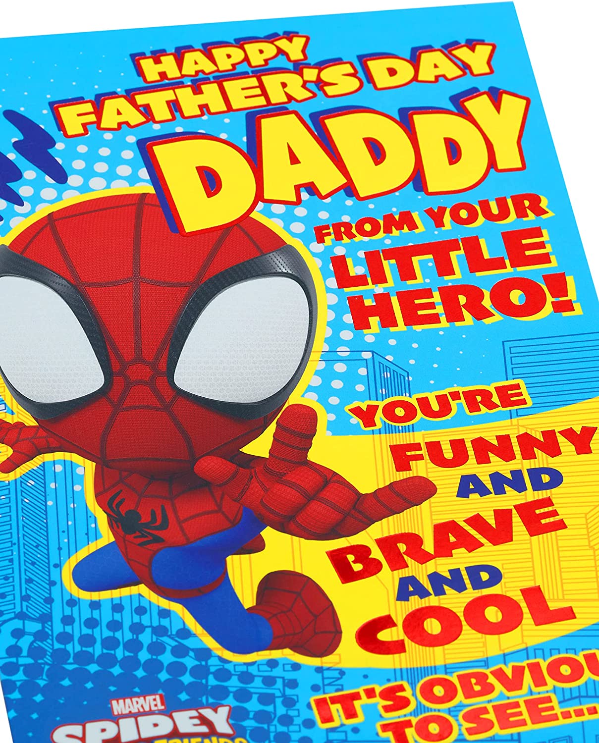 Marvel Spiderman Dad Father's Day greeting card from son, featuring Spider-Man design on the front.