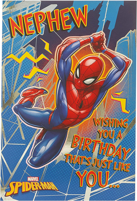 Marvel Spider-Man nephew birthday greeting card from UK Greetings featuring Spider-Man in action on the front.