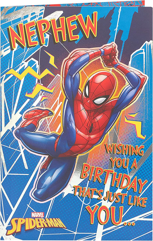 Marvel Spider-Man birthday greeting card for nephew, featuring Spider-Man in action with colorful comic-style design.