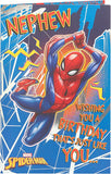 Marvel Spider-Man birthday greeting card for nephew, featuring Spider-Man in action with colorful comic-style design.