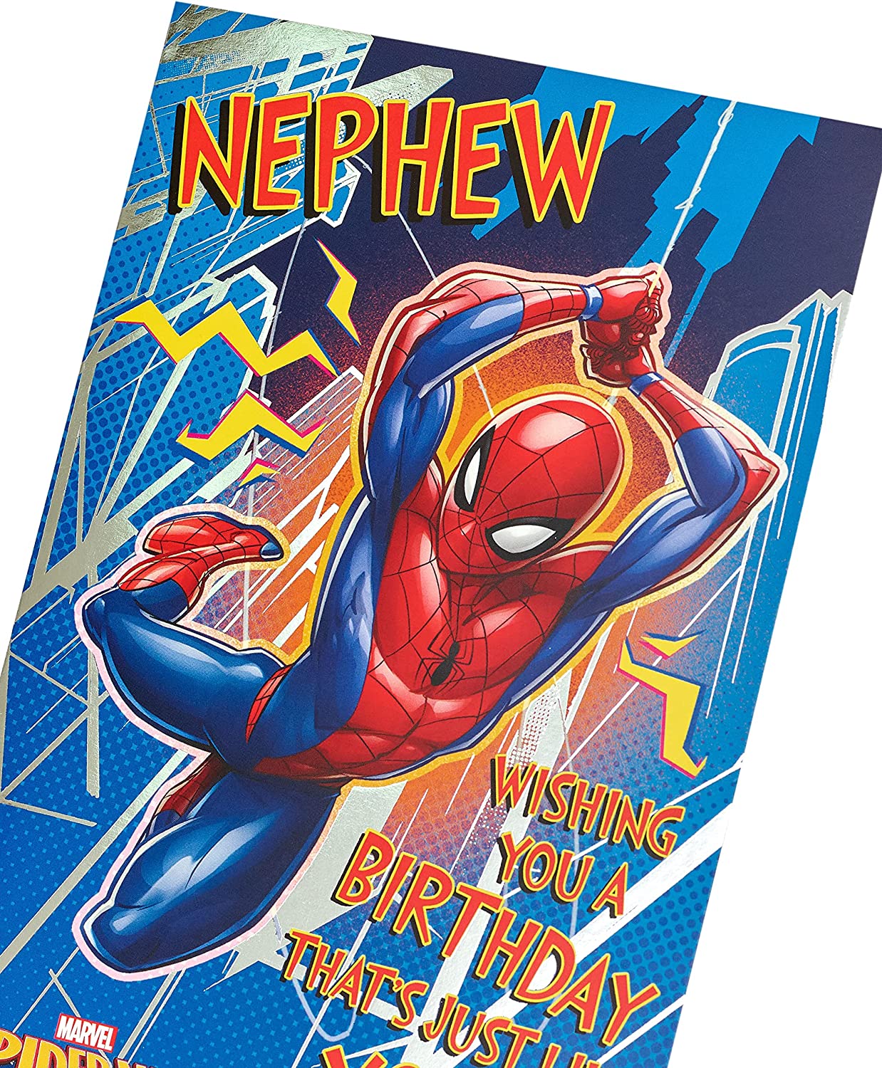 Marvel Spiderman greeting card for nephew's birthday, featuring Spiderman design on the front. UK Greetings brand.