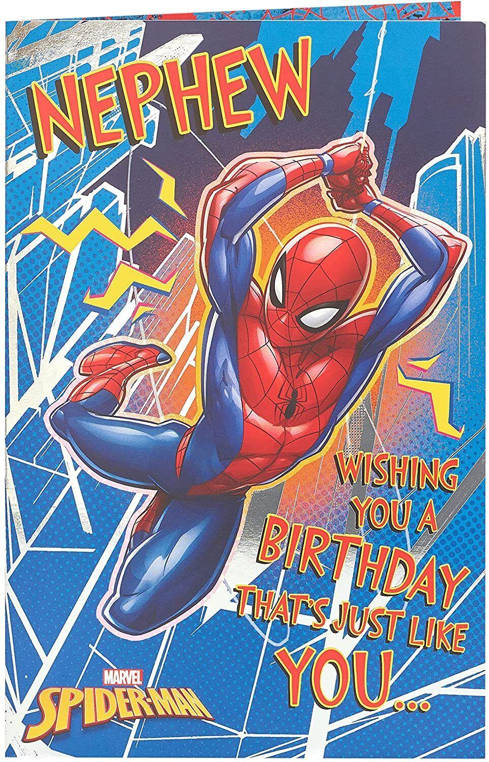 Marvel Spiderman nephew birthday greeting card featuring Spiderman illustration, suitable for celebrating a young superhero fan.